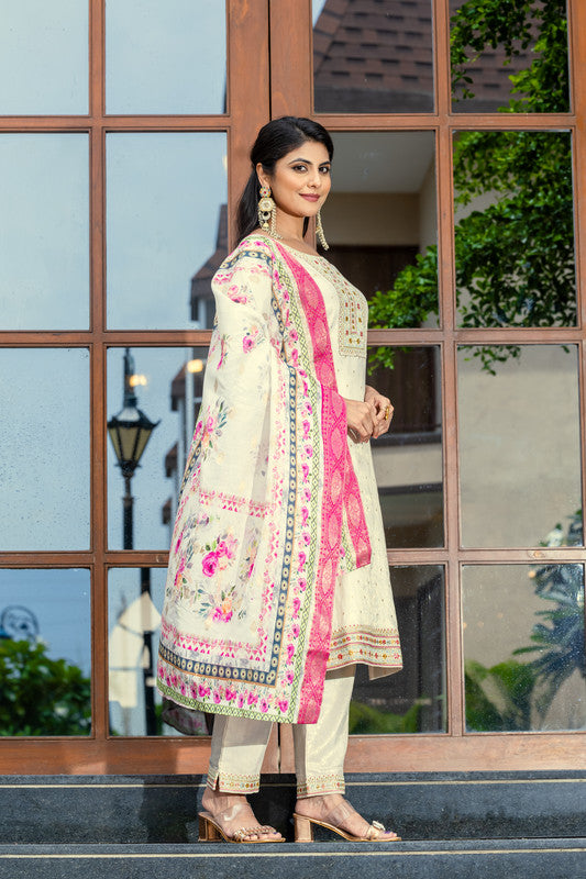 Lyush Women's Cream Cotton Straight Kurta with Pant And Dupatta Sets