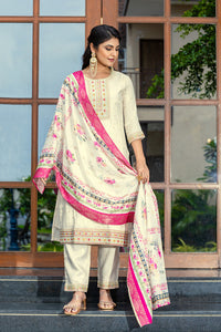 Thumbnail for Lyush Women's Cream Cotton Straight Kurta with Pant And Dupatta Sets