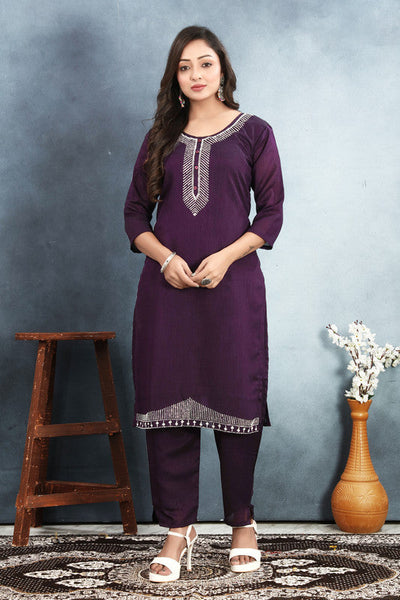 Lyush Women's Purple Vichitra Straight Kurta with Pant