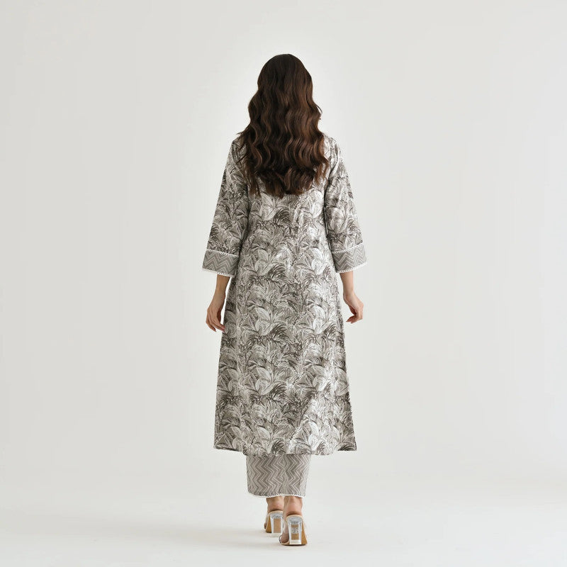 Lyush Women's Grey Cotton Slub Straight Kurta with Pant