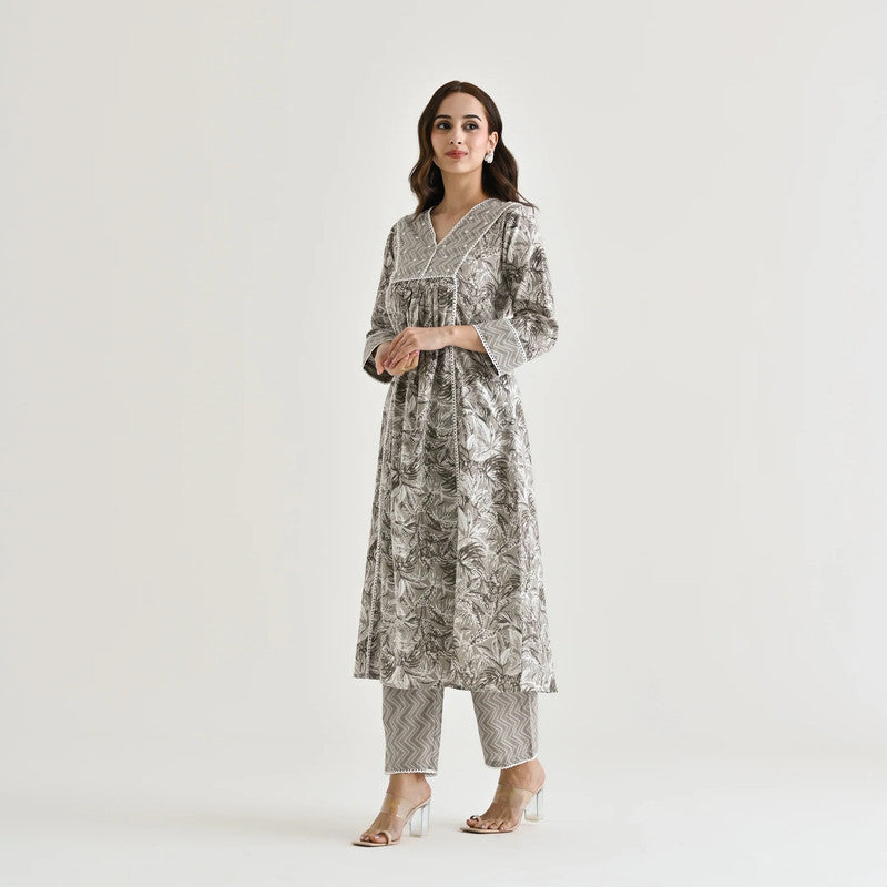 Lyush Women's Grey Cotton Slub Straight Kurta with Pant