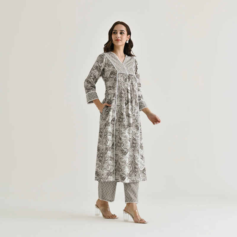 Lyush Women's Grey Cotton Slub Straight Kurta with Pant