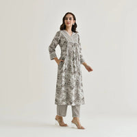 Thumbnail for Lyush Women's Grey Cotton Slub Straight Kurta with Pant