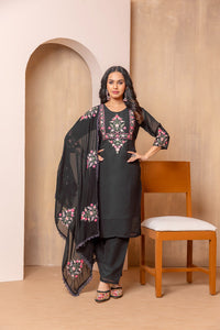 Thumbnail for Lyush Women's Black Faux Georgette Straight Kurta with Pant And Dupatta Sets