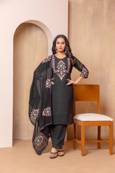 Lyush Women's Black Faux Georgette Straight Kurta with Pant And Dupatta Sets