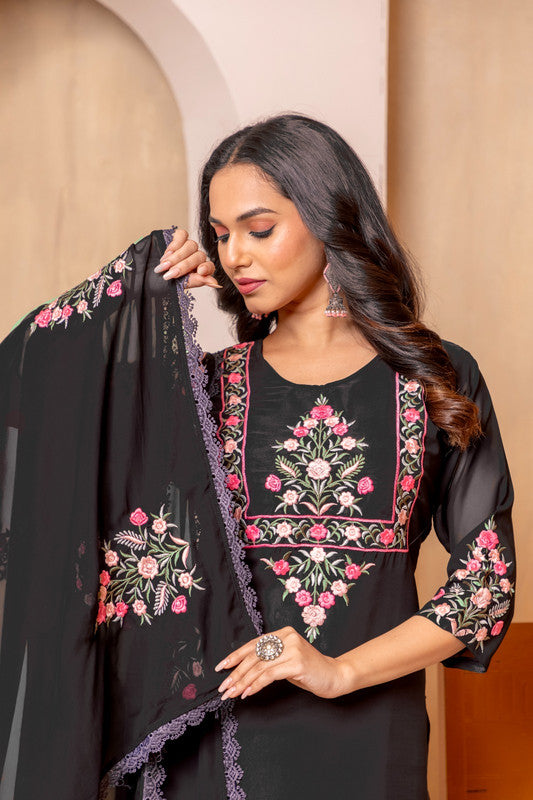 Lyush Women's Black Faux Georgette Straight Kurta with Pant And Dupatta Sets