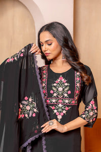 Thumbnail for Lyush Women's Black Faux Georgette Straight Kurta with Pant And Dupatta Sets