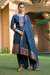 Thumbnail for Lyush Women's Blue jacquard Silk Woven Straight Kurta Pant With Dupatta