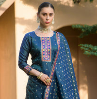 Thumbnail for Lyush Women's Blue jacquard Silk Woven Straight Kurta Pant With Dupatta