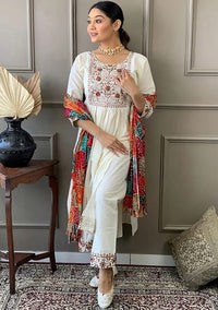 Thumbnail for Lyush Women's White Roman Silk Embroidered Straight Kurta Pant With Dupatta