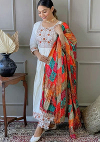 Thumbnail for Lyush Women's White Roman Silk Embroidered Straight Kurta Pant With Dupatta