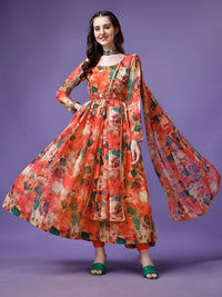 Thumbnail for Malishka Women's Orange Fully Stitched Georgette Printed Anarkali Gown
