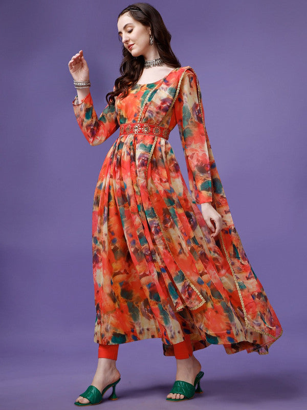 Malishka Women's Orange Fully Stitched Georgette Printed Anarkali Gown