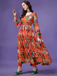 Thumbnail for Malishka Women's Orange Fully Stitched Georgette Printed Anarkali Gown