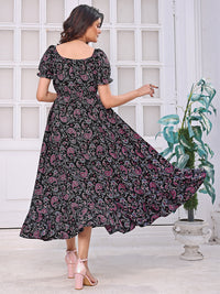 Thumbnail for Malishka Women's Black Crepe Printed Fit And Flared Midi Dress