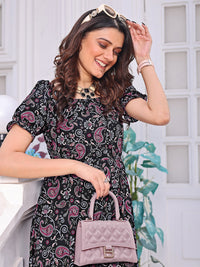 Thumbnail for Malishka Women's Black Crepe Printed Fit And Flared Midi Dress