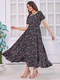 Thumbnail for Malishka Women's Black Crepe Printed Fit And Flared Midi Dress
