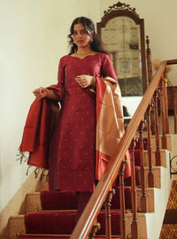 Thumbnail for Lyush Women's Maroon jacquard Silk Woven Straight Kurta Pant With Dupatta