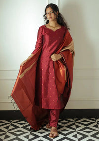Thumbnail for Lyush Women's Maroon jacquard Silk Woven Straight Kurta Pant With Dupatta