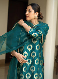Thumbnail for Lyush Women's Green jacquard Silk Woven Straight Kurta Pant With Dupatta