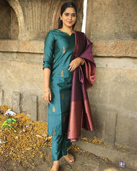 Thumbnail for Lyush Women's Blue Silk Woven Straight Kurta Pant With Dupatta