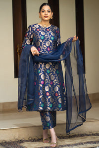 Thumbnail for Lyush Women's Navy Blue jacquard Silk Woven Straight Kurta Pant With Dupatta
