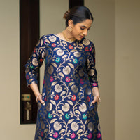 Thumbnail for Lyush Women's Navy Blue jacquard Silk Woven Straight Kurta Pant With Dupatta