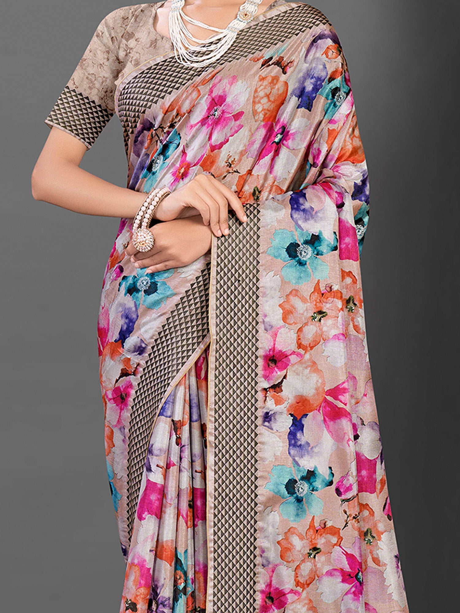 NOZ2TOZ Women's Manipuri Silk Beige Printed Designer Saree With Blouse Piece - Distacart