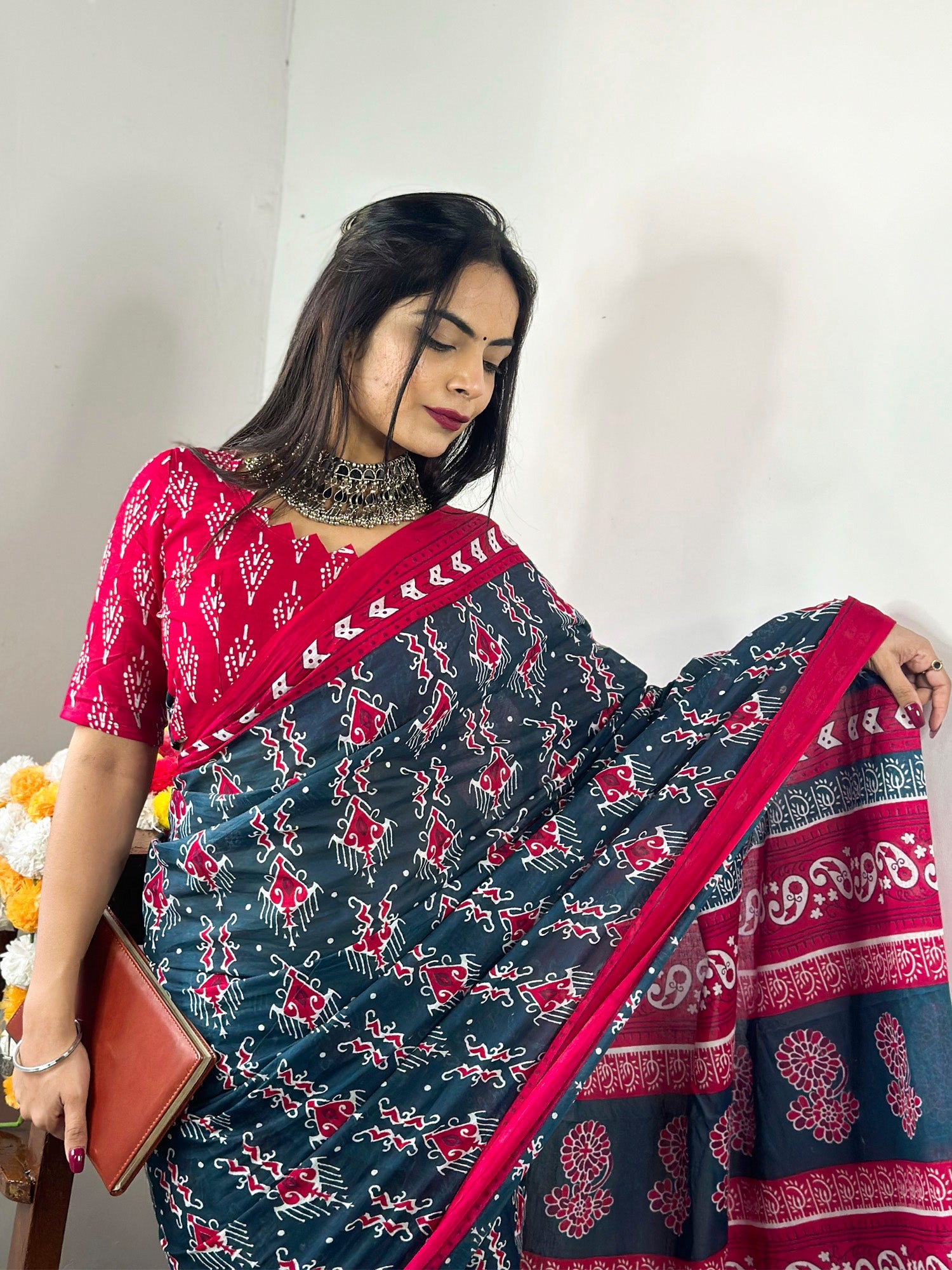NOZ2TOZ Women's Cotton Teal blue Printed Designer Saree With Blouse Piece - Distacart