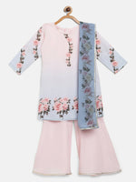 Thumbnail for Ahalyaa Pink Crepe Floral Print Kids Kurta Sharara Set With Dupatta For Girls - Distacart