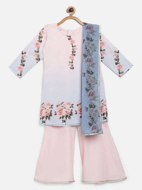 Ahalyaa Pink Crepe Floral Print Kids Kurta Sharara Set With Dupatta For Girls - Distacart
