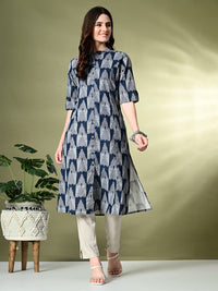 Thumbnail for Myshka Women's Cotton Printed A-Line Kurta in Navy Blue Color