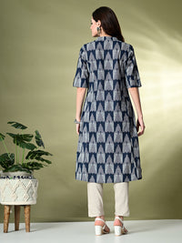 Thumbnail for Myshka Women's Cotton Printed A-Line Kurta in Navy Blue Color