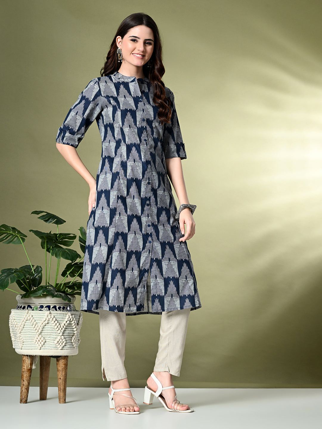 Myshka Women's Cotton Printed A-Line Kurta in Navy Blue Color