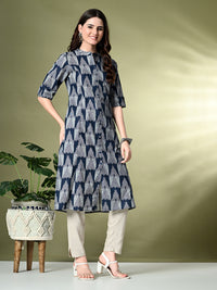 Thumbnail for Myshka Women's Cotton Printed A-Line Kurta in Navy Blue Color