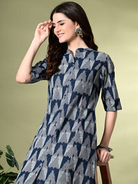Thumbnail for Myshka Women's Cotton Printed A-Line Kurta in Navy Blue Color