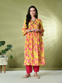 Thumbnail for Myshka Women's Chinon Printed Alia-cut Kurta in Yellow Color