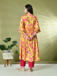 Thumbnail for Myshka Women's Chinon Printed Alia-cut Kurta in Yellow Color