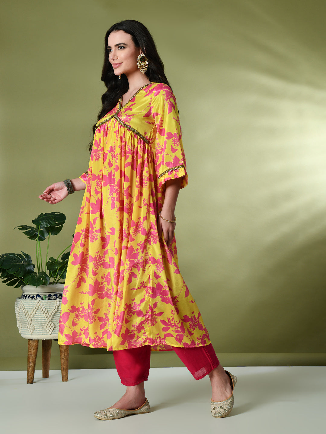 Myshka Women's Chinon Printed Alia-cut Kurta in Yellow Color