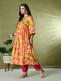 Thumbnail for Myshka Women's Chinon Printed Alia-cut Kurta in Yellow Color