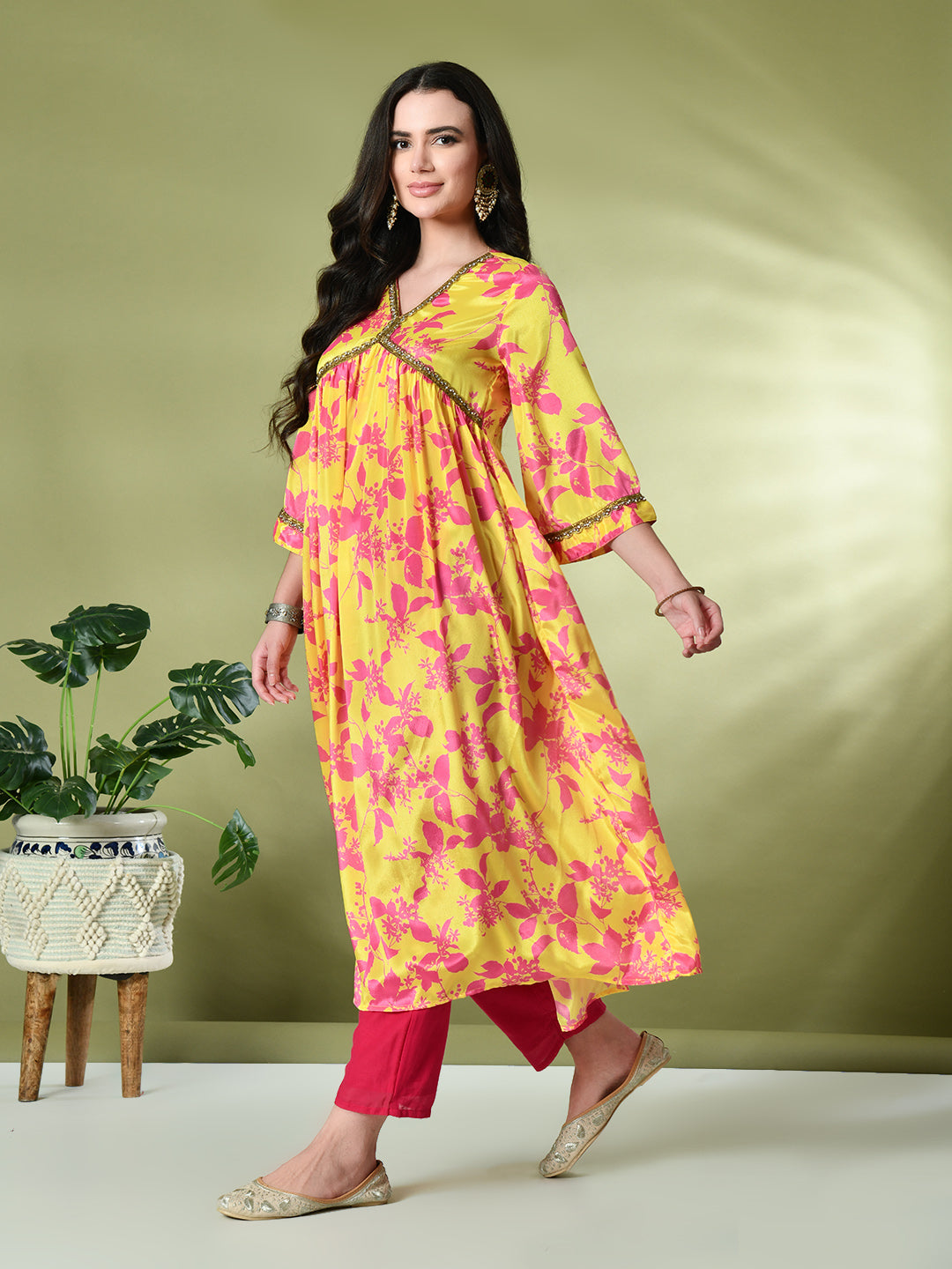Myshka Women's Chinon Printed Alia-cut Kurta in Yellow Color