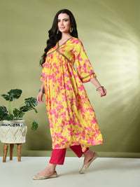 Thumbnail for Myshka Women's Chinon Printed Alia-cut Kurta in Yellow Color