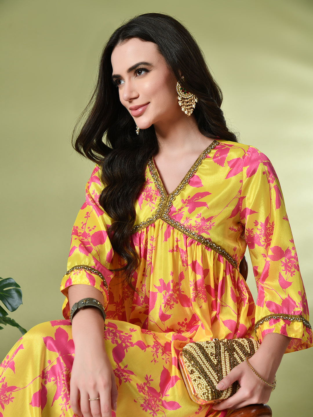 Myshka Women's Chinon Printed Alia-cut Kurta in Yellow Color