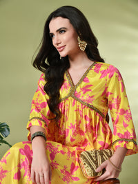 Thumbnail for Myshka Women's Chinon Printed Alia-cut Kurta in Yellow Color