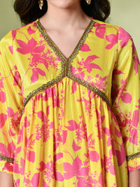 Thumbnail for Myshka Women's Chinon Printed Alia-cut Kurta in Yellow Color