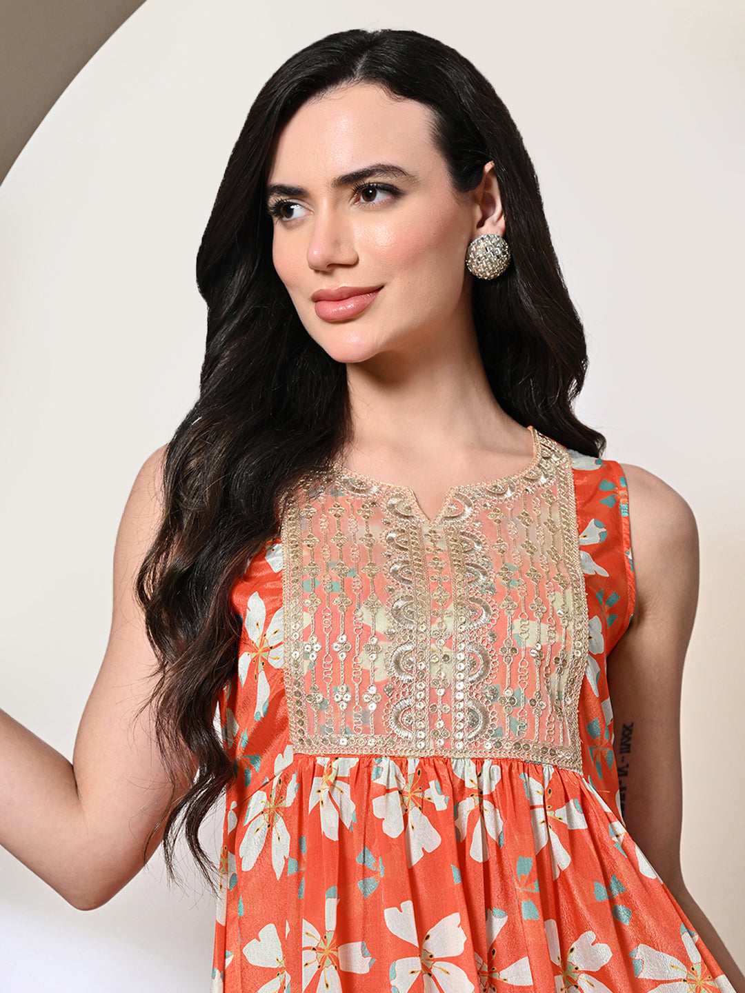 Myshka Women's Chinon Embroidered Flayerd Kurta in Orange Color