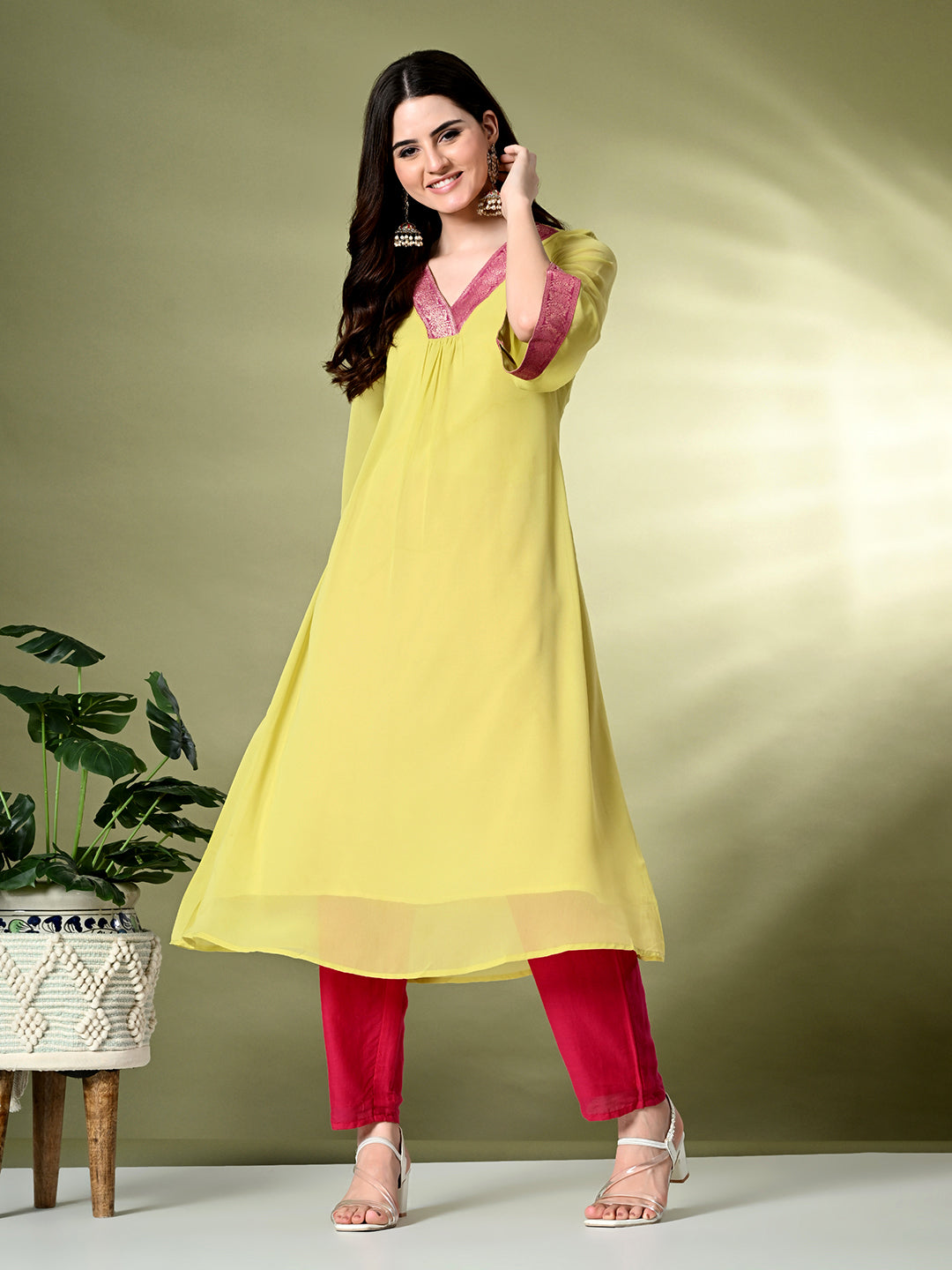 Myshka Women's Georgette Solid A-Line Kurta in Yellow Color