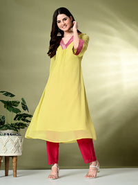 Thumbnail for Myshka Women's Georgette Solid A-Line Kurta in Yellow Color