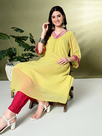Thumbnail for Myshka Women's Georgette Solid A-Line Kurta in Yellow Color