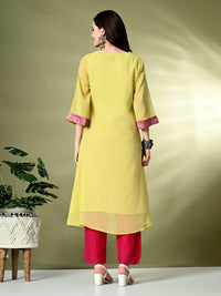 Thumbnail for Myshka Women's Georgette Solid A-Line Kurta in Yellow Color